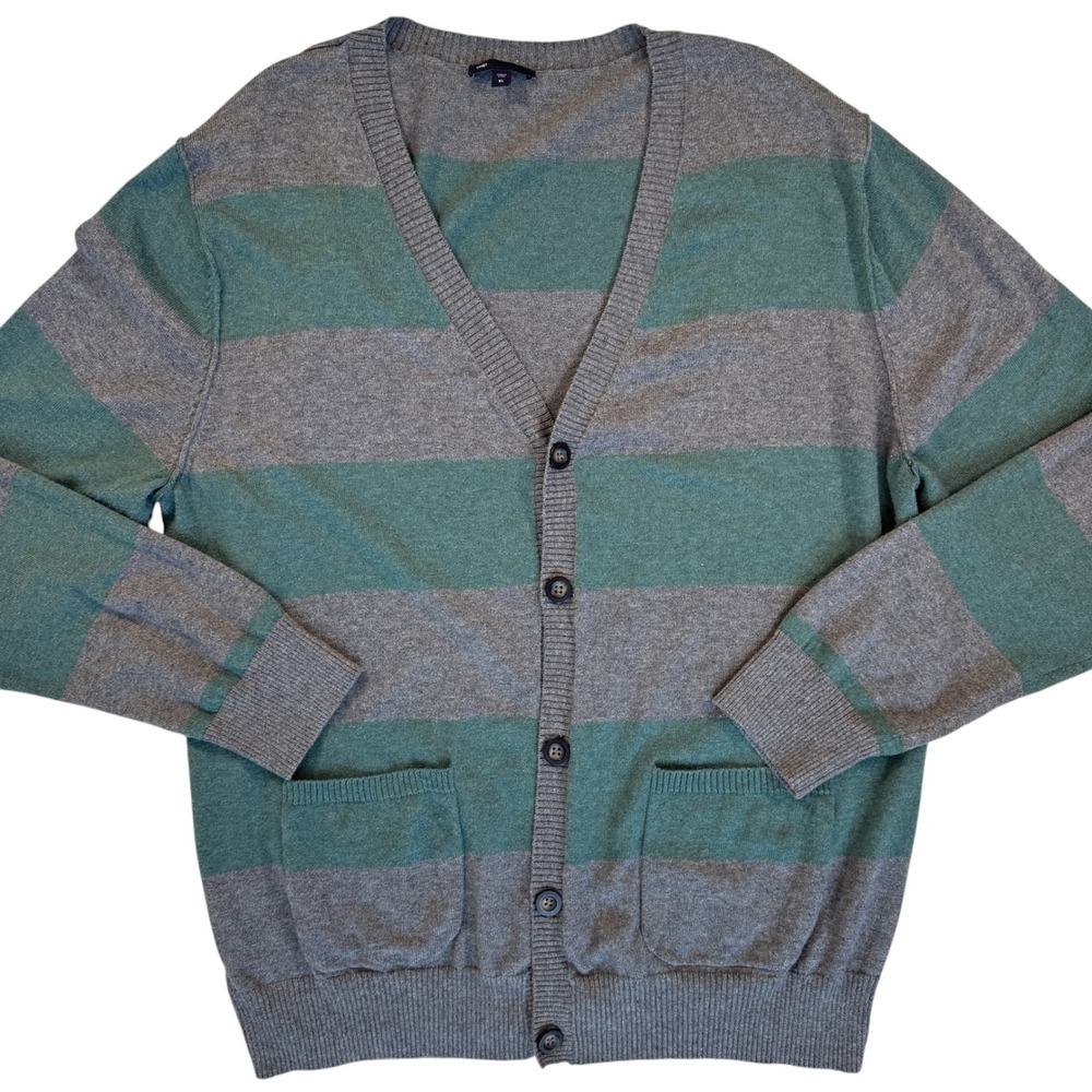 Gap Button Cardigan Sweater Mens XL Gray Green Striped Preppy Drk Academia Rugby
